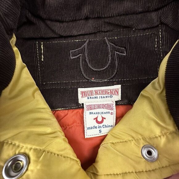 True Religion Puffer Vest Womens Small Yellow Patchwork Y2K Corduroy - Picture 6 of 8